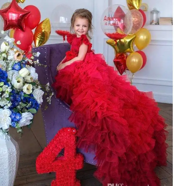 Red 2020 Flower Girl Dresses For Wedding Bateau Neck Appliqued Toddler Pageant Gowns Tulle Long Train Kids Prom Gowns