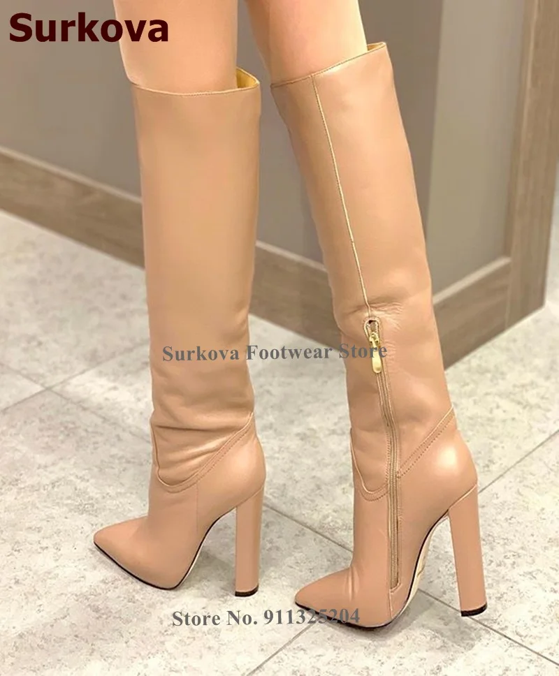 Surkova Top Brand Chunky Heel Knee High Boots Pointed Toe Zipped Matte Leather Tall Boots Women Fall Winter Outdoor Dress Shoes