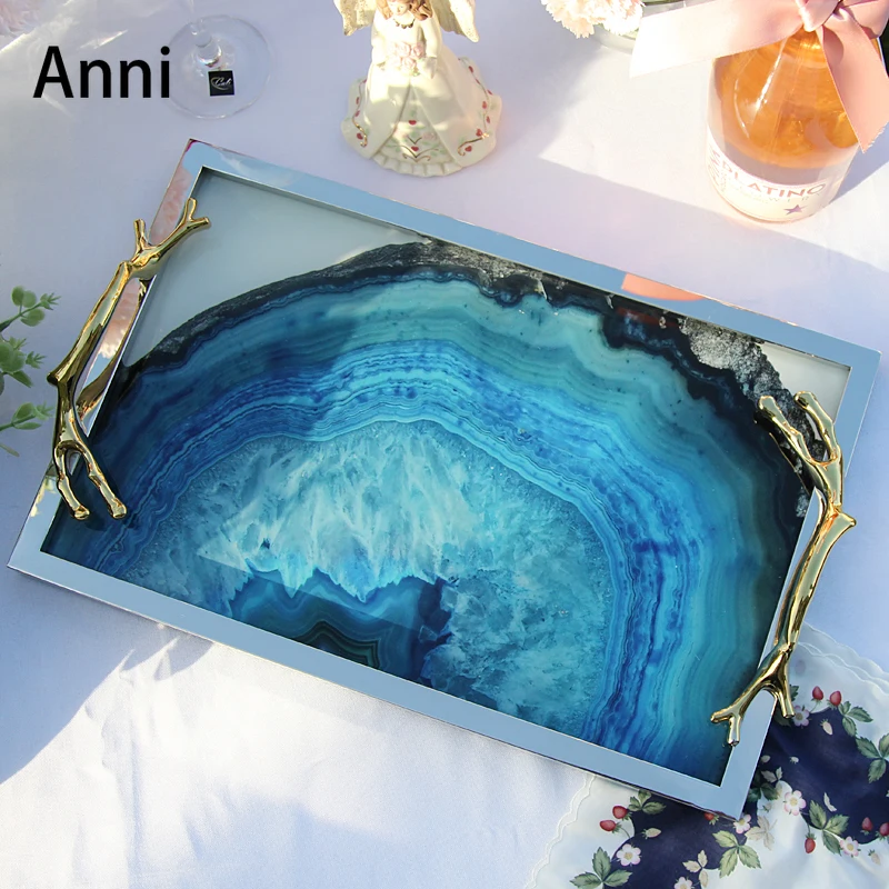 

Agate Textured Glass Trays Decorative European Gold Inlay Rectangle Coffee Table Teacup Mug Storage Tray Living Room Decoration