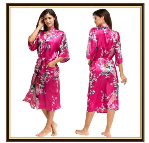 Half Mouw Losse Stijl Vrouw Japanse Kimono Satijn Zijde Nachtkleding Pyjama Pauw Spa Yukata Baden Robe Lady 'S Lange Jurk