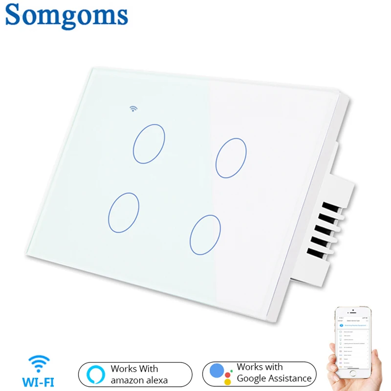 

Wifi Wall Touch Sensitive Switch Remote Control 4 Gang Wireless Led Light Smart Touch Screen Switch Glass US Standard