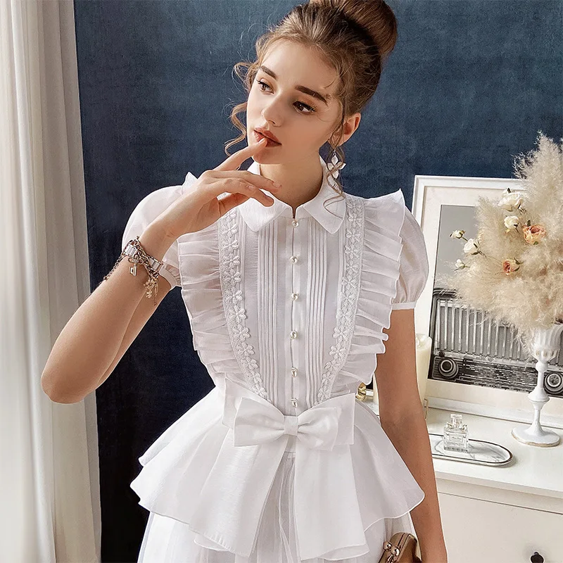 Dabuwawa Elegant Lace Blouse Shirt Women Ruffles Puff Sleeve Bow Blouse Female Summer Tops Office Lady Pearl Button DO1BST002