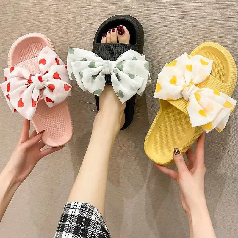 Summer New Ladies Slippers Fashion Cute Polka Dot Bow Slippers Women Thick-soled Indoor One-word Sandals Beach Shoes