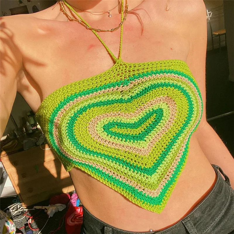 2021 Heart Y2K Halter Neck Crop Top Women Bandage Summer Green Red Sleeveless Backless Vintage Knit Off Shoulder Sexy Tank Tops