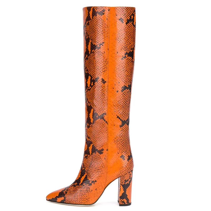 New Brand Women's Long Boots Snake Pattern Genuine Leather Pointed Toe Square Heel Knee-high Boots Leopard Rome Shoes Botas 2020