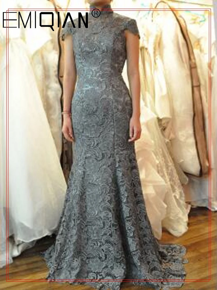 Cap Sleeves Gray Lace Mother Of The Bride Dresses Mermaid High Collar Wedding Party Dress Backless Mother Dress