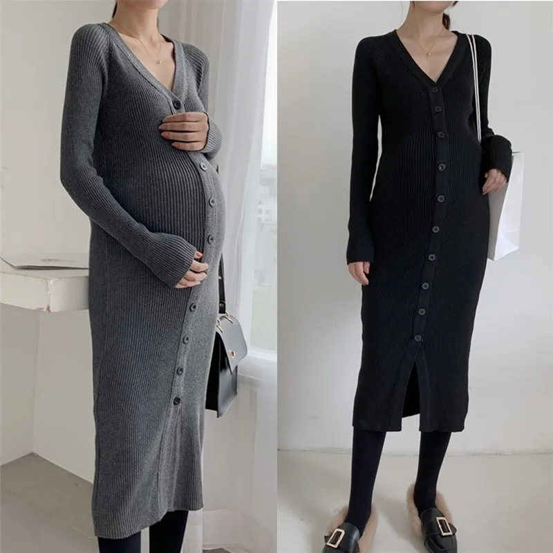 

Knitted Maternity Dresses V Collar Pregnancy Dress Long Sleeve Sweater with Bottom Pregnancy Clothes Autumn Clothes for Women