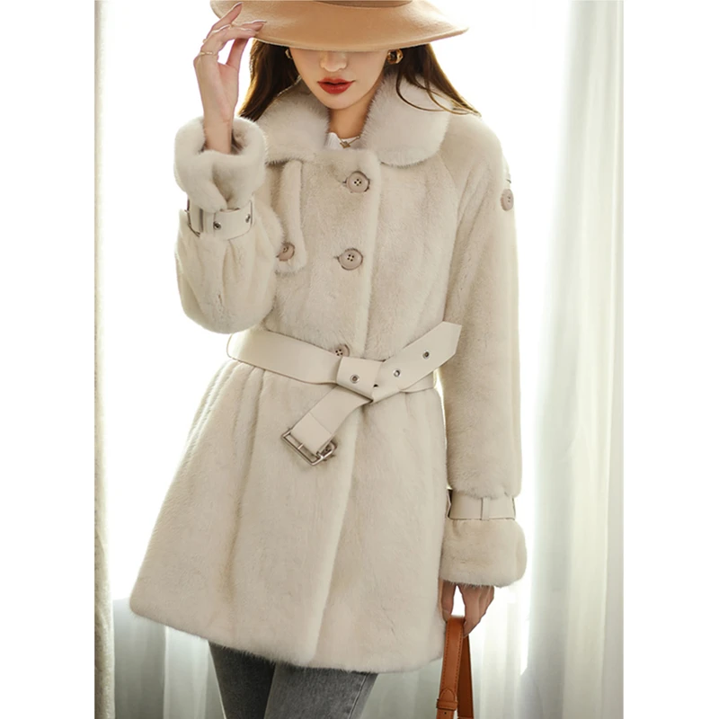 

2023 New 100% Mink Whole Fur Women Long Natural Skirt Coat With Collar Belt Winter Thick Warm Female Mink Fur Jacket