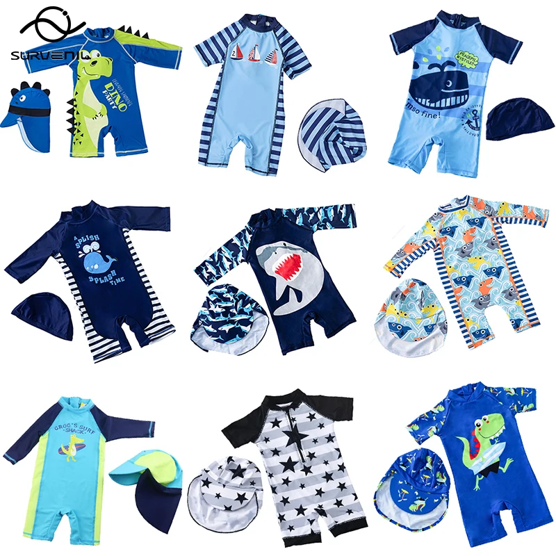 Baby Boy Swimwear One Piece with Hat Children's Swimsuit with UV Protection Shark Print Swimming Bathing Suit for Kids Boys