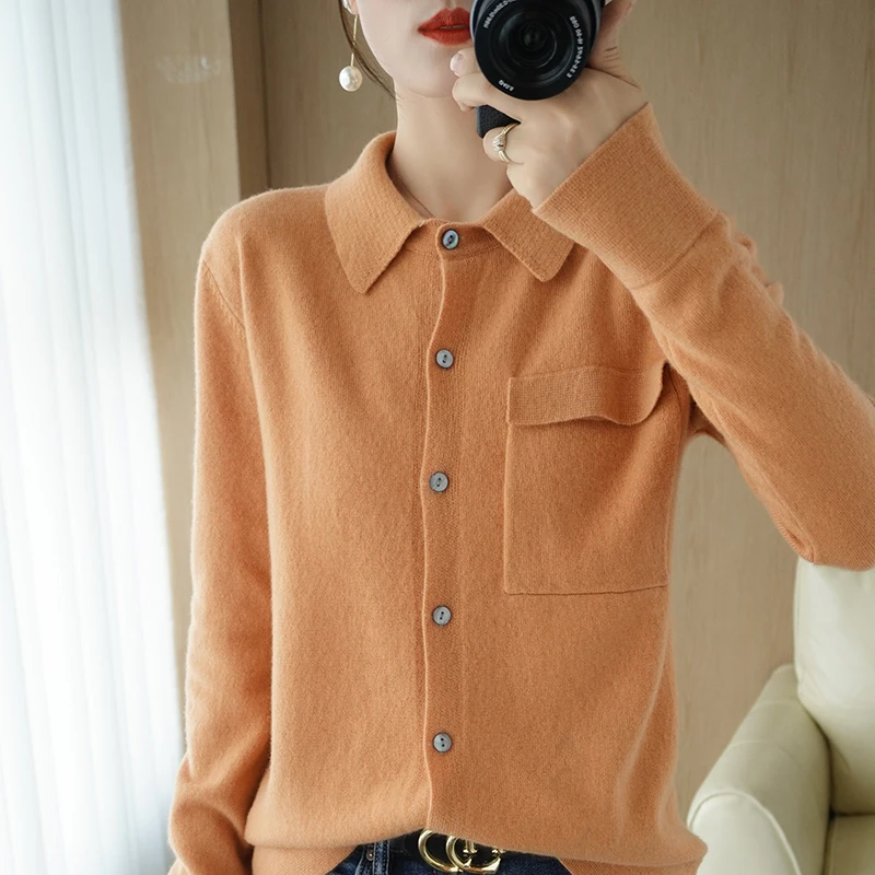 Autumn Women\'s Cardigan 100% Wool Knitted Sweater Chic Tops Cashmere Coat Causal Outwear Full Sleeve Loose Women\'s Shirt Spring