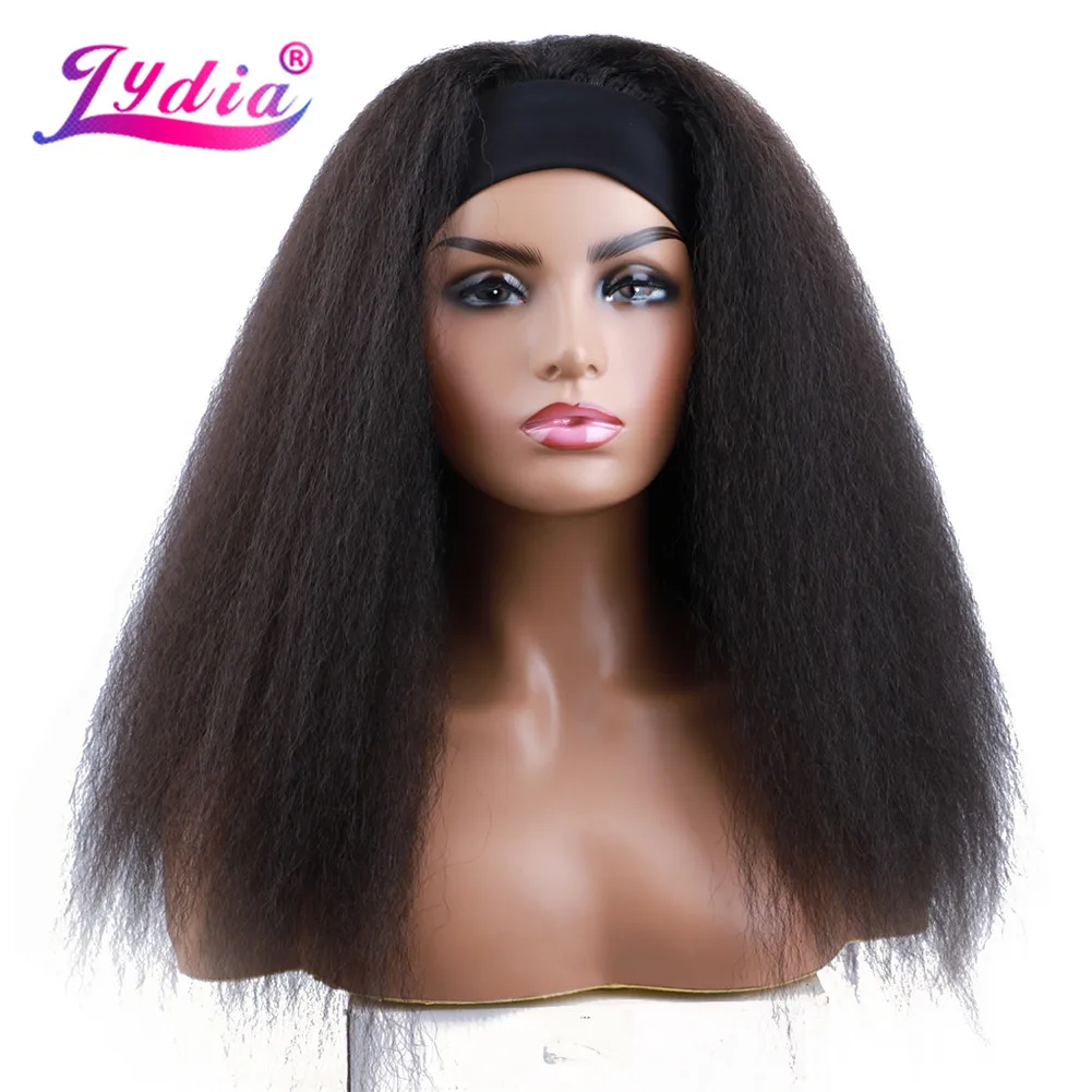 Lydia Long Kinky Straight Headband Synthetic Hair Wigs For African American Women Color 1B# Black 18-22 Inch Kanekalon Afro Wig