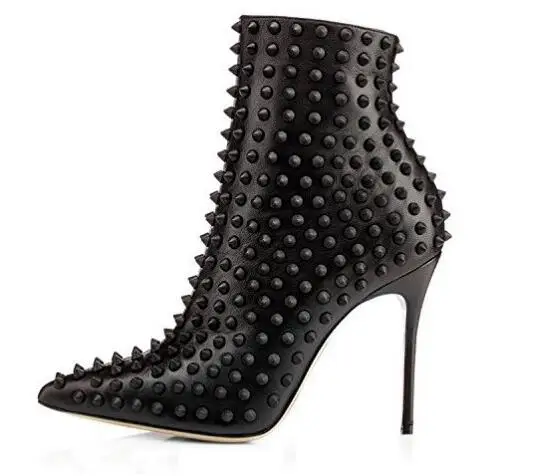 

Carpaton Black Rivets Studded Woman Boots Sexy Pointed Toe Ankle Boots Runway Thin Heels Leather Boots Dress Shoe