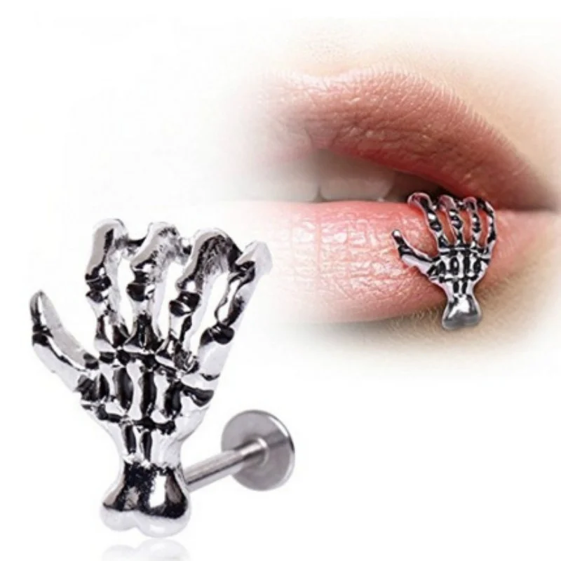 Skull Devil Hand Lip Piercing Jewelry Skeleton Labret for Women Men Palm Stud Earrings Christmas Gift Hot Unique Punk Metal 1pc