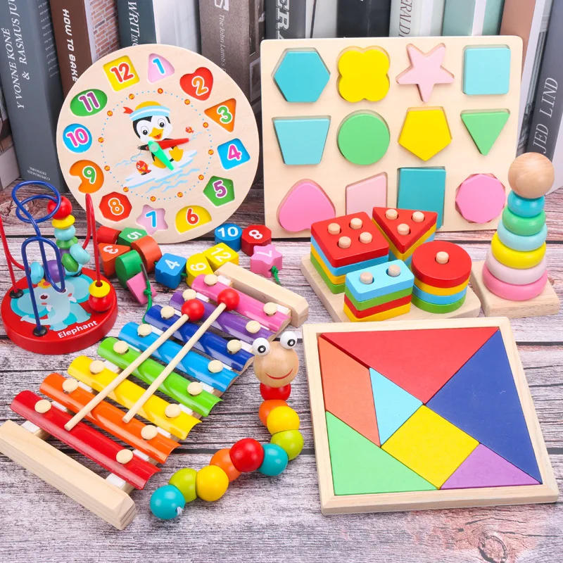 Baby Educational Toy Montessori Wooden 3D Toys Childhood Learning  Kids Baby Colorful Wooden Blocks For Children Christmas Gift