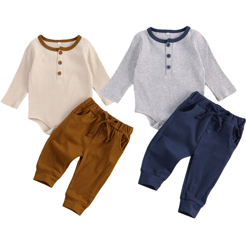 lioraitiin 0-18M Newborn Infant Baby Boy Girl Autumn Clothing Set Long Sleeve Cotton Solid Romper Top Pants 2Pcs Outfit Set