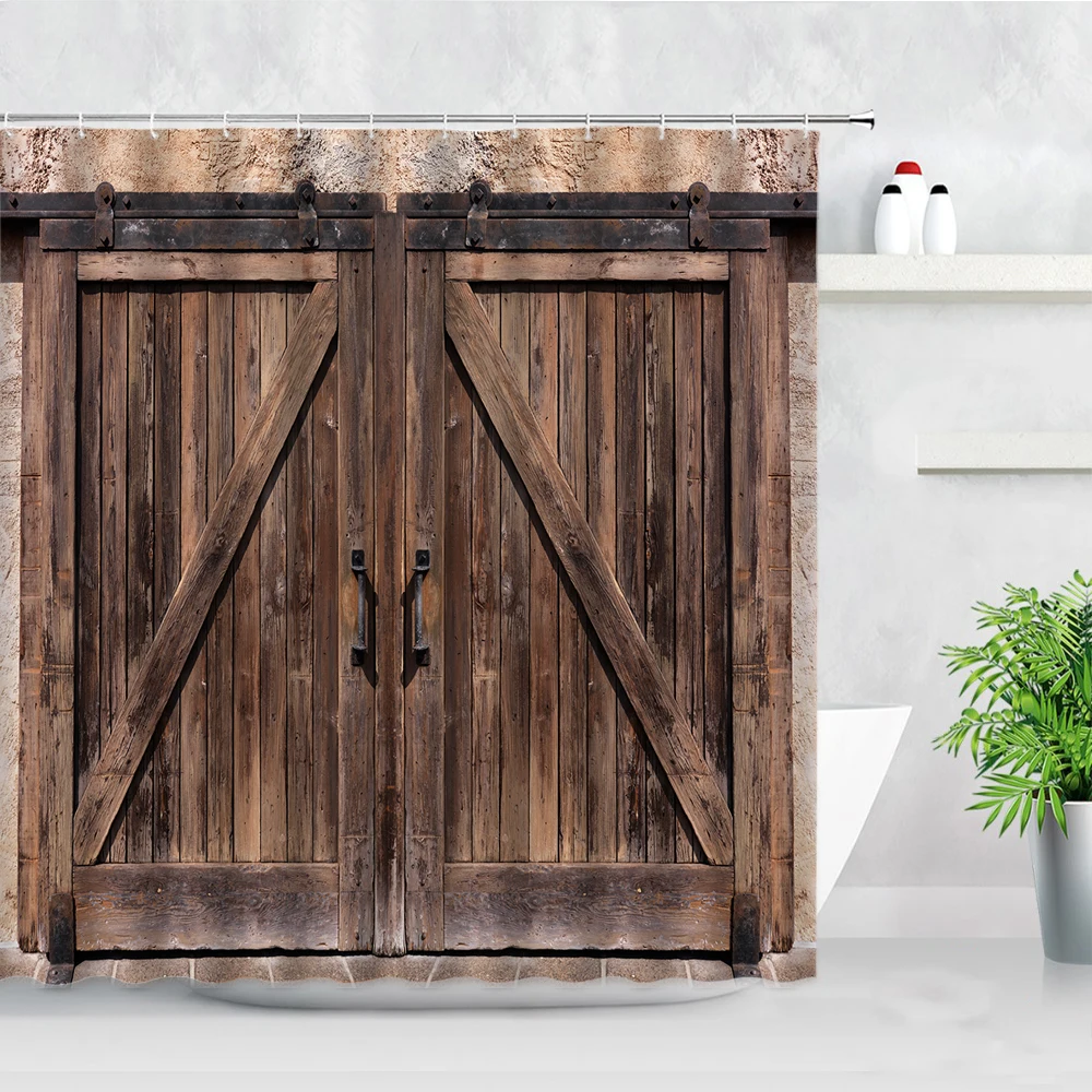 Retro Rustic Wood Doors Shower Curtains Vintage Farm Barn Old Door Home Decor Waterproof Polyester Fabric Bathroom Curtain Set