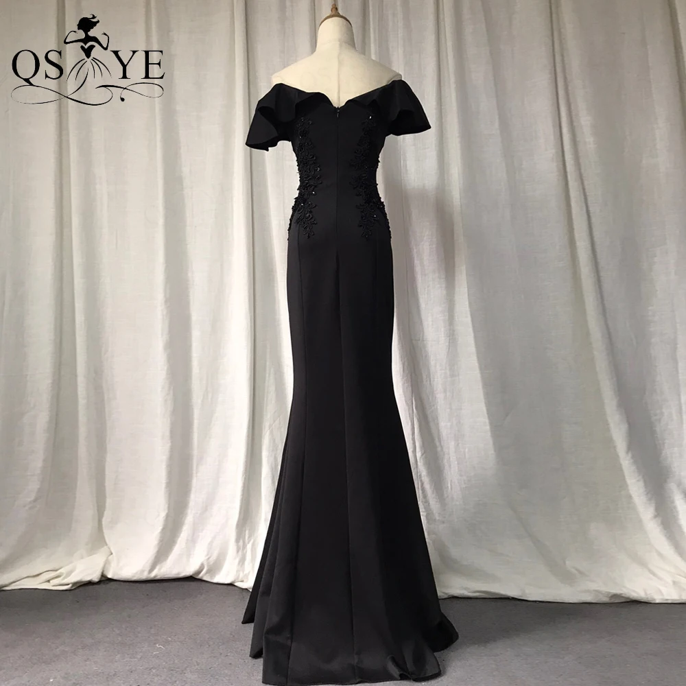 Black Evening Dresses Bead Appliques Lace Long Stretch Satin Mermaid Party Gown Off Shoulder Short Sleeves Women Gown Buttons