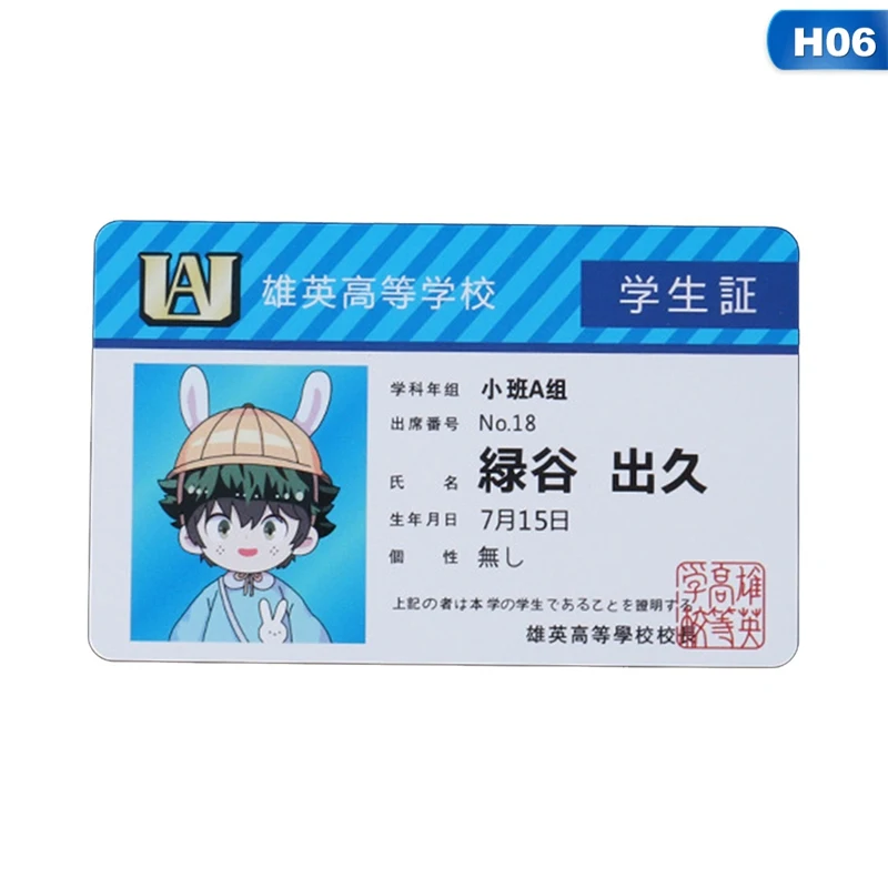 Anime Periférico Meu herói Academia PVC Student ID Card, Cartão Food School, 1Pc