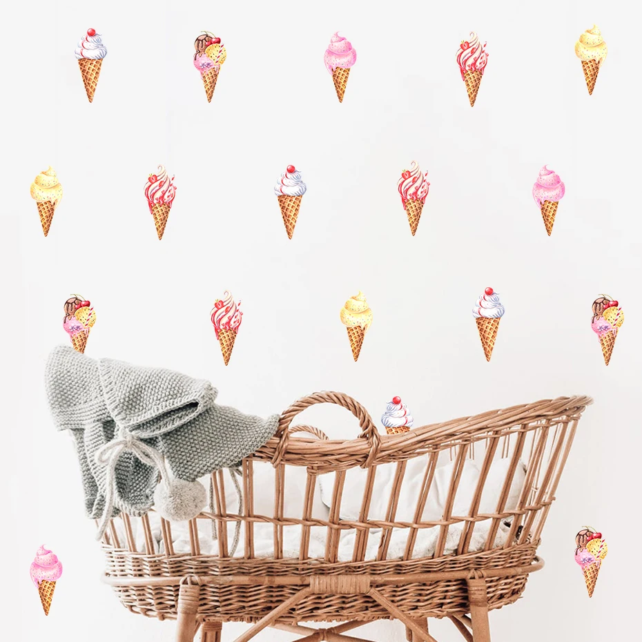 Cartoon Ice Cream Cone Watercolor Nursery Wall Decals Removable Girl Wall Stickers for Kids Room Modern Interior Home Decoration