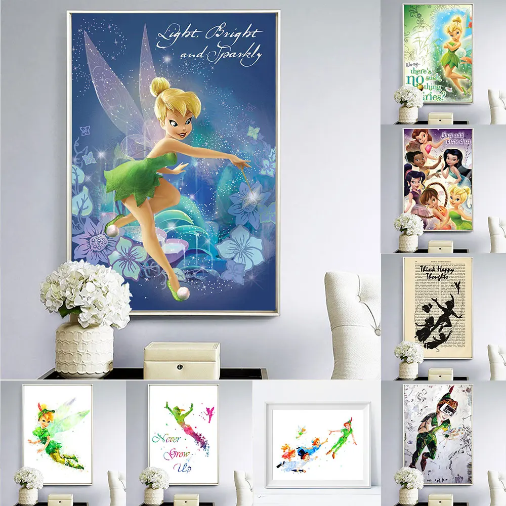 

Ctue Disney Art Tinkerbell And Peter Fairy Wall Art Poster And Prints Watercolor Style Pictures On Canvas Painting Girls Gift