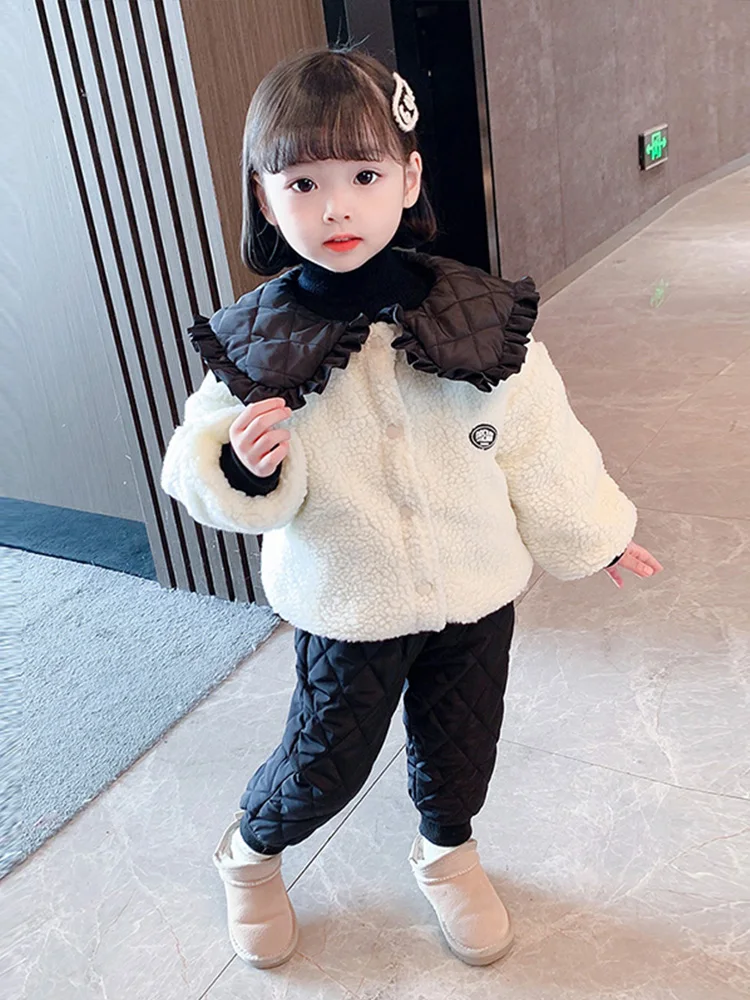 Sweet Girls Winter Clothes Set Thick Warm Double-sided Velvet Jacket+Pants 2Piece-Suits Fashion Children Princess Snowsuit