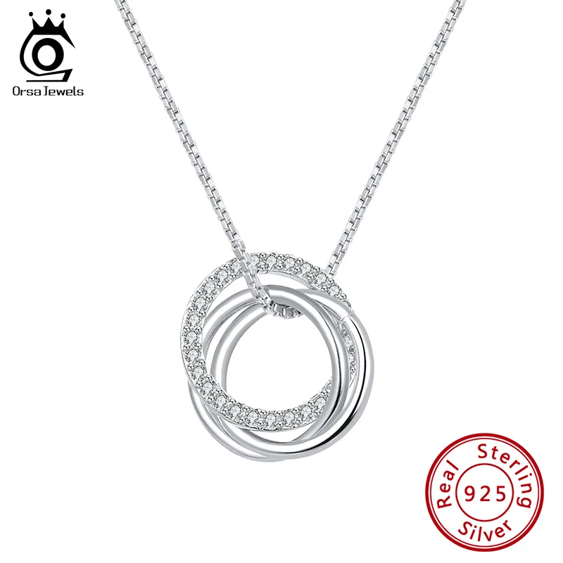 ORSA JEWELS Pure 925 Sterling Silver Necklace AAAA Zircon Gold Plated 3 Circles Glittering Accessories For Female OSN175