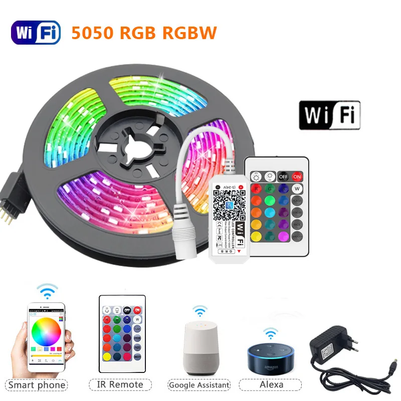 Tira de Luces LED RGBW RGBWW, 5m, 10m, 15m, RGB 5050, 60 Luces Led, DC12V, cinta Flexible IR, controlador WiFi + adaptador de la UE