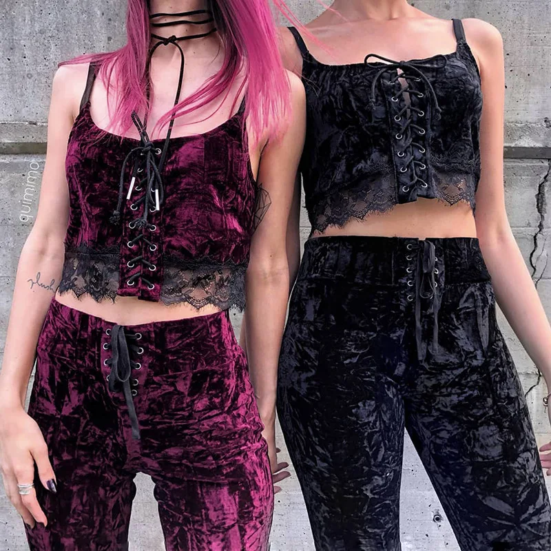 2021 New Goth Black Flare Pants Harajuku pantaloni con fasciatura a vita alta pantaloni da donna in velluto estetico Vintage pantaloni Streetwear