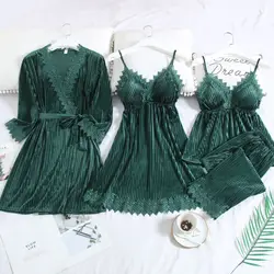 Conjunto de Bata Kimono de terciopelo para dormir, lencería íntima, traje de pijama verde, ropa de casa, bata de baño, Otoño, nuevo