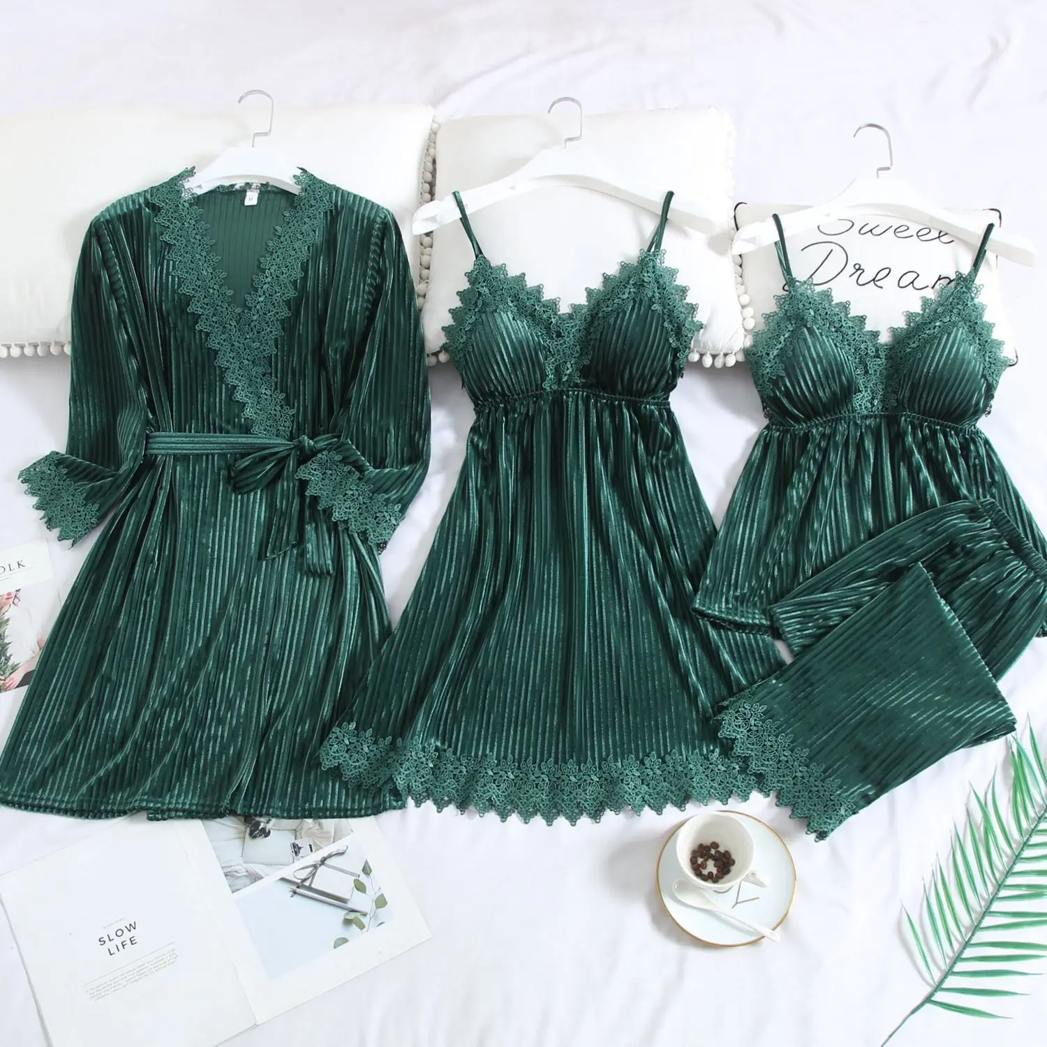 Kimono Robe Set Intimate Lingerie Green Pajamas Suit Velour Autumn New Sleep Set Homewear Velvet Nightwear Bathrobe Gown