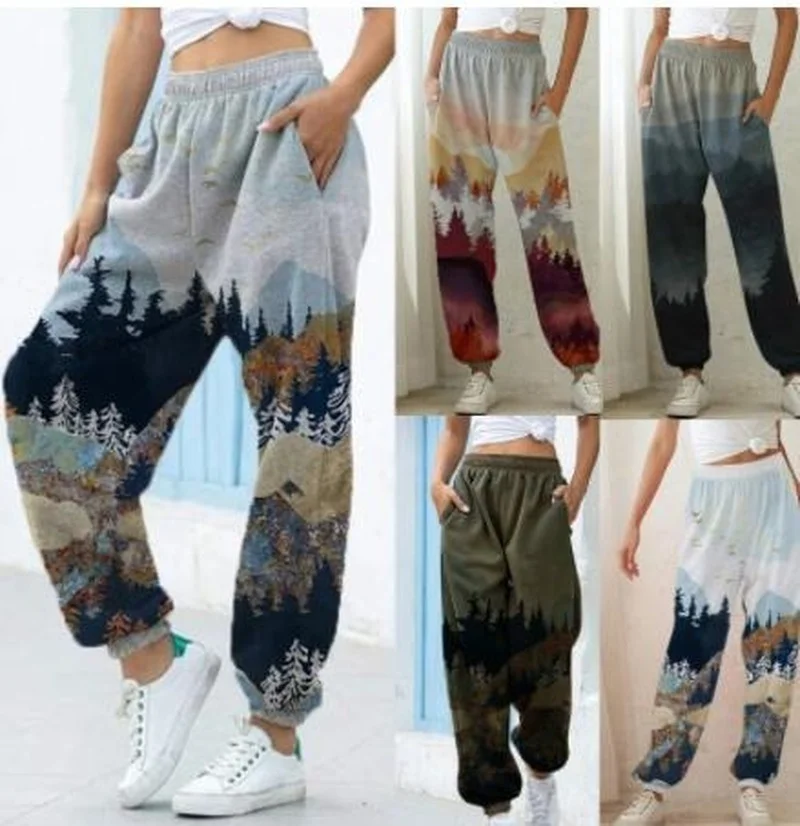 Women Mountain Print Sweatpant Cotton Casual Summer Elestic High Waist Trousers Cargo Pants 2020 Sporting Streetwear Pants