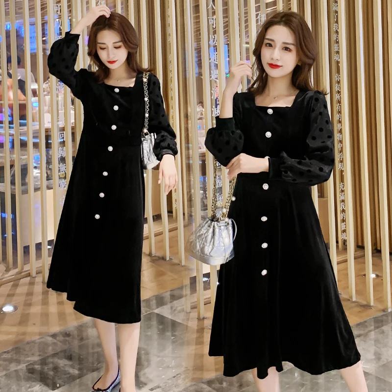 1702# Autumn Korean Fashion Black Maternity Nursing Long Dress A Line Slim Feeding Clothes for Pregnant Women Lacation Mother