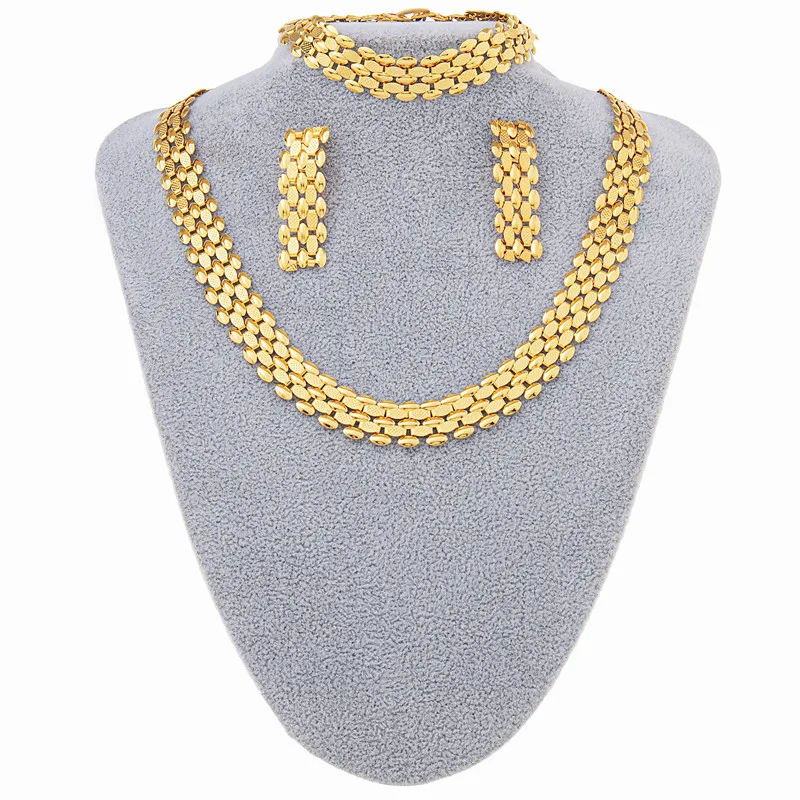 Ethiopia Fashion Jewelry Sets for Women Bracelet Gold Plated Round Necklace & Earrings Accessories Set Bridal Wedding Gifts