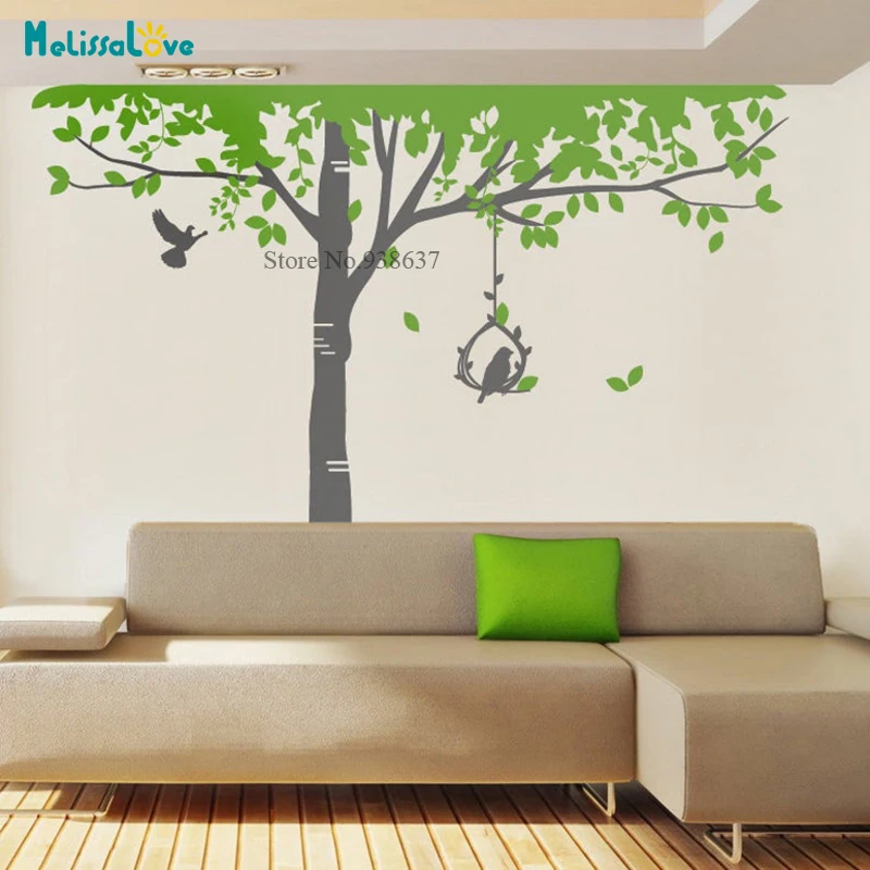 Nursery Tall Birch Tree With Birdcage birds Wall Art Mural Sticker Decals Removable Vinyl Wallpaper Home Playroom Decor BB757