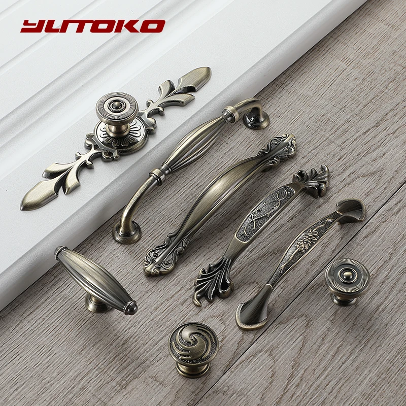 YUTOKO European Zinc Alloy Green Bronze Cabinet Handles Door Pulls Drawer Knobs Kitchen Cupboard Handles Furniture Handle Hardwa