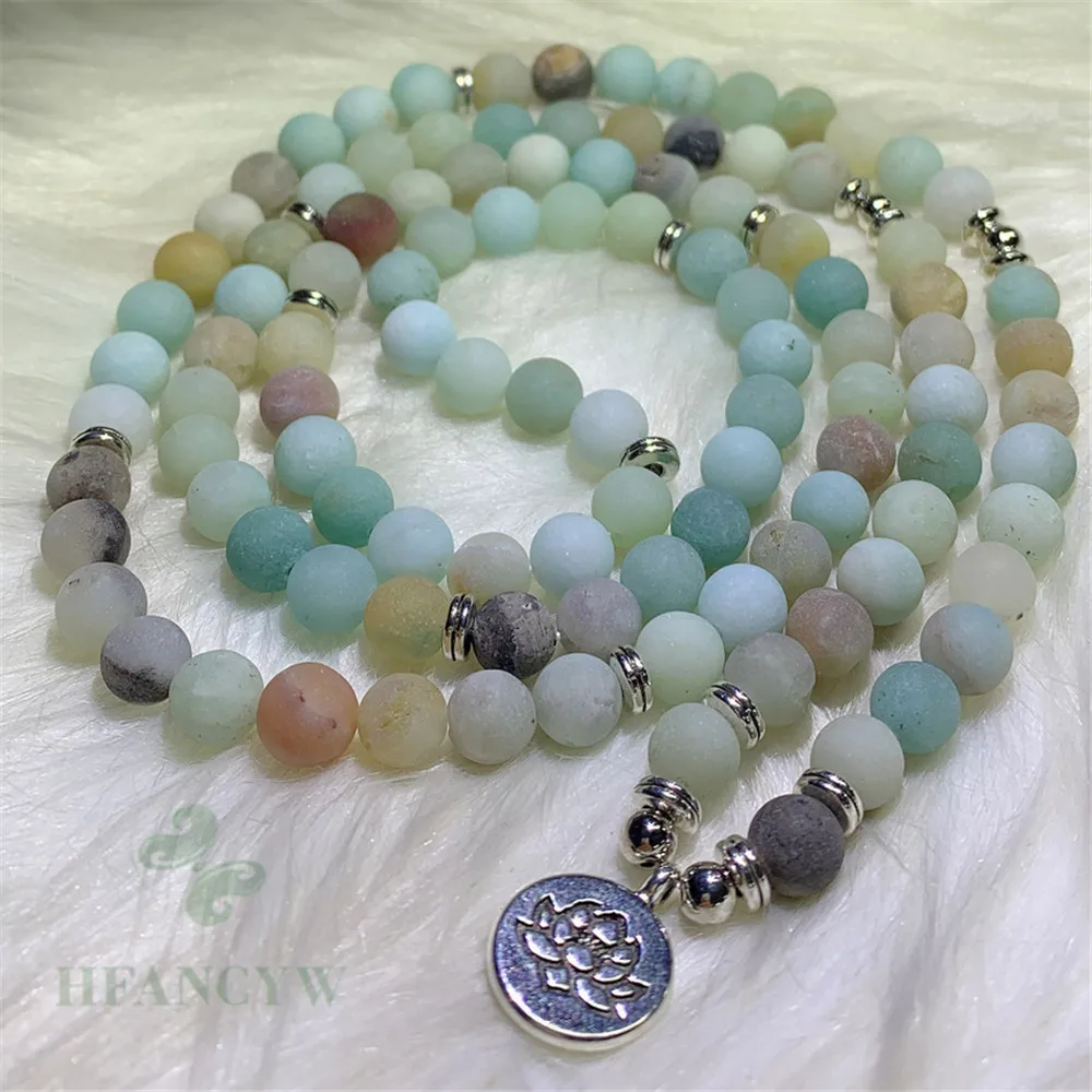 

8mm Amazonite Stone Lotus Pendant 108 Bead Mala Bracelet Healing Mala Spirituality Bless Stress Prayer Buddhist Lucky Reiki Men