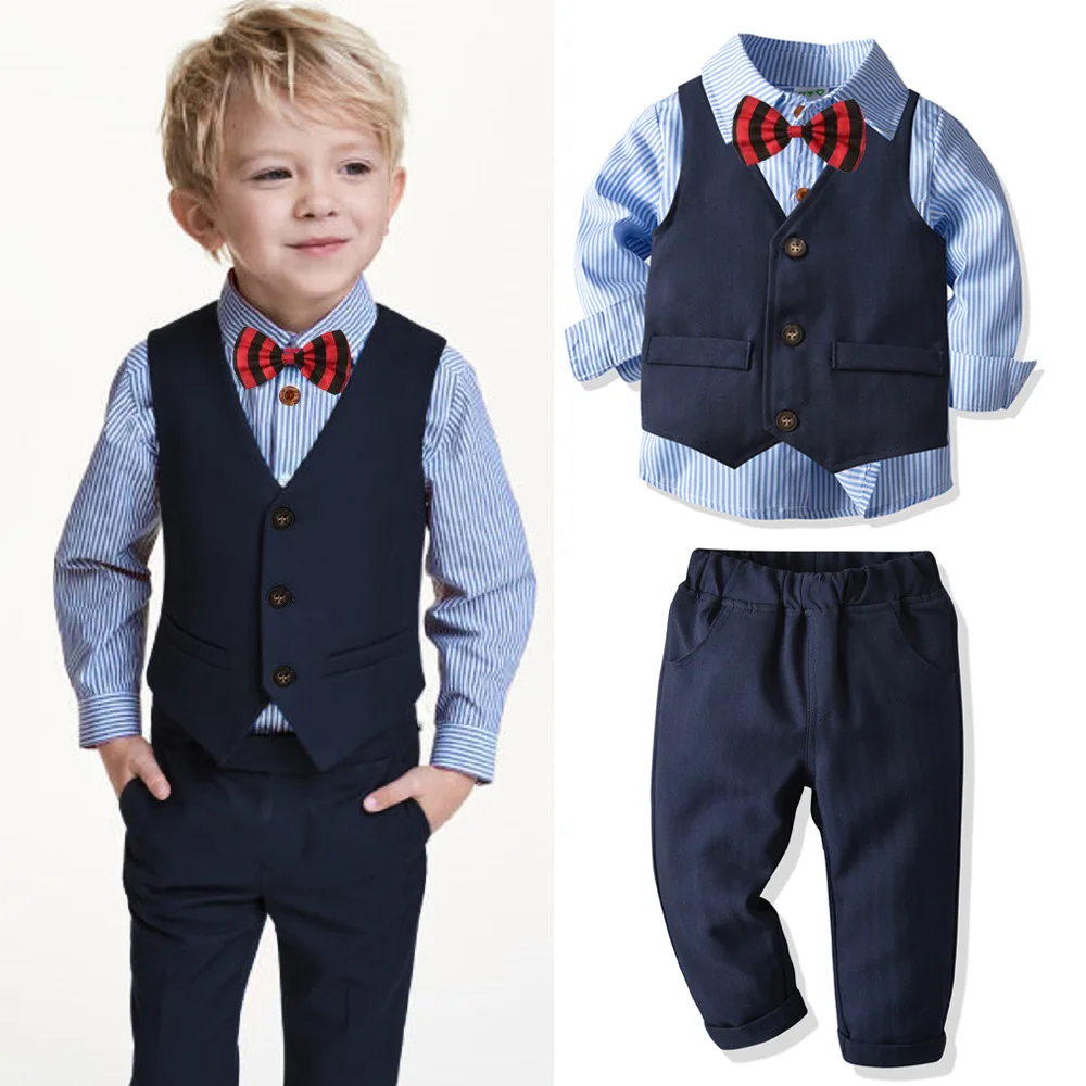 4pcs Boys Suits Baby Striped Shirt Vest Trousers Formal Blazer British Gentleman Cardigan Weddings Clothes Set Kids Dress Jacket