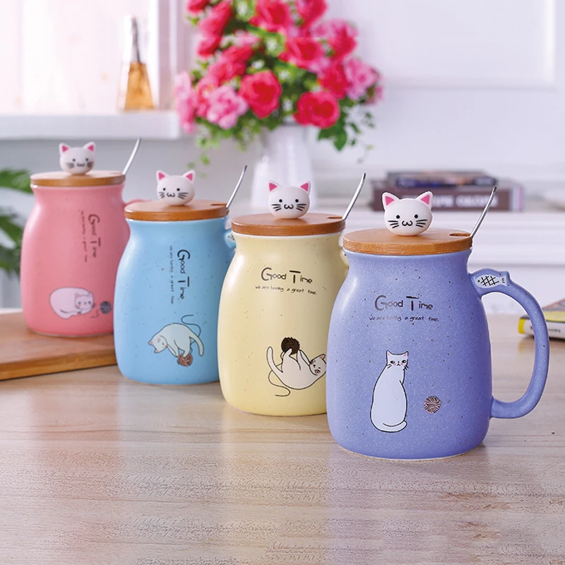 

420Ml Cute Cat Mug Female High-Value Ceramic Tea Cup with Lid Spoon Tea Cup Couple Cup Pair of Household Oatmeal Breakfast Cups