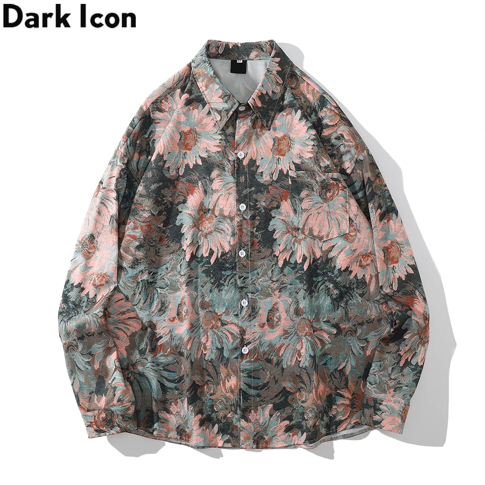 Dark Icon Floral Full Printed Men\'s Shirts Long Sleeve Autumn Shirts for Men