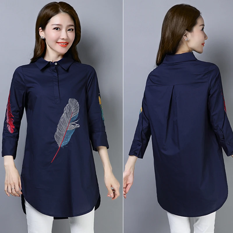 Fashion Women Blouse Summer Korean Style Art Feather Embroidery White Loose Tunics Shirts Ladies Office Work Tops blusas mujer