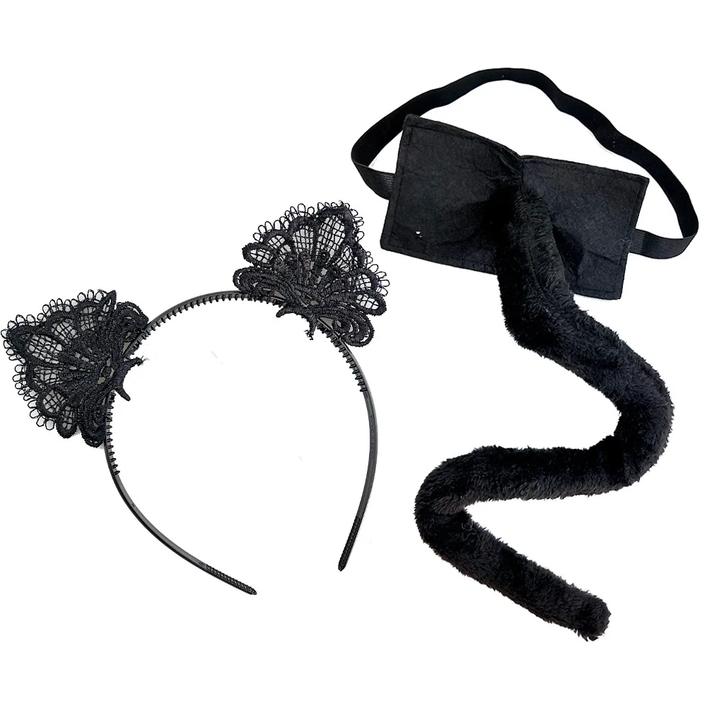 Bandeau oreilles de chat renard noir pour femme et garçon, 65cm, en peluche, queue de Lolita, femme au foyer, serveuse, ensemble Cosplay, Costume amusant