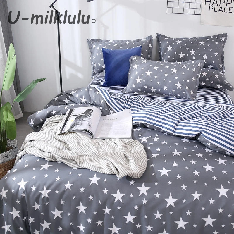 Star Printed Bedding Set, Nordic Sheet Set, Gray Black Duvet Cover Single, Double, Queen, King Size Elastic Bed, Pillowcases, 4P