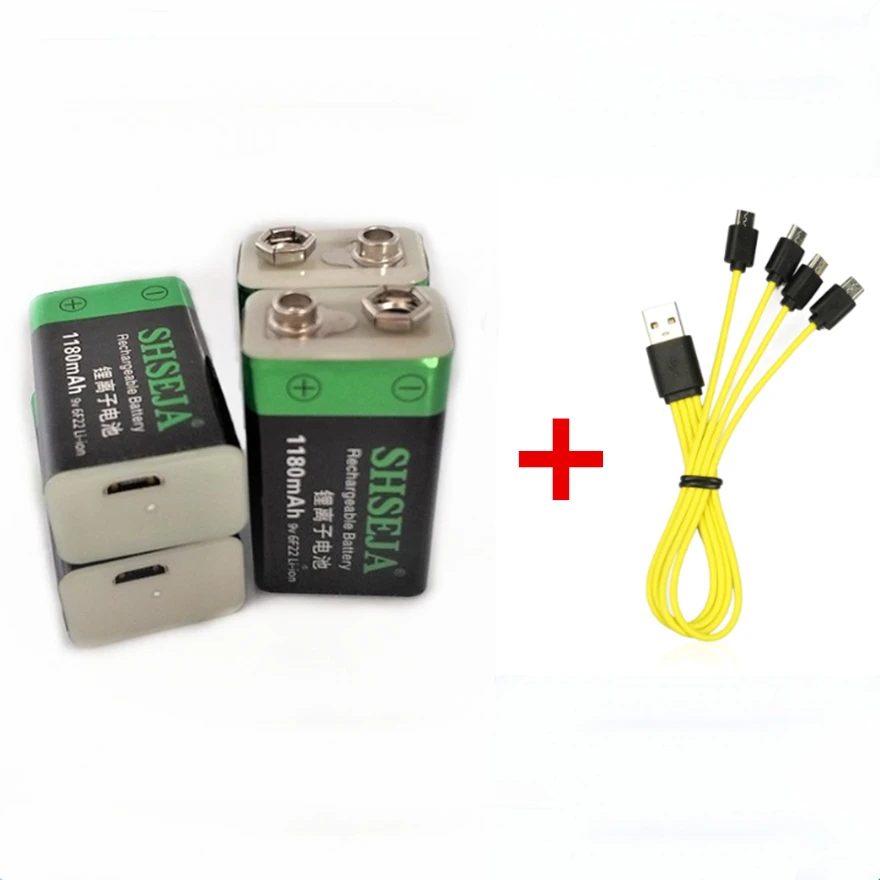 2/4pcs SHSEJA 1180mAh 9V rechargeable battery 6F22 USB lithium-ion battery with Micro USB cable for fast charging