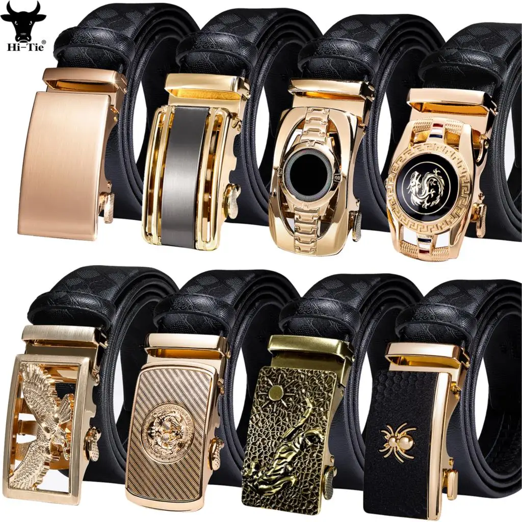 Hi-Tie Luxury Black Leather Mens Belts For Men Belt Gold Automatic Ratchet Buckle High Quality Male Men's Waist Straps Wedding