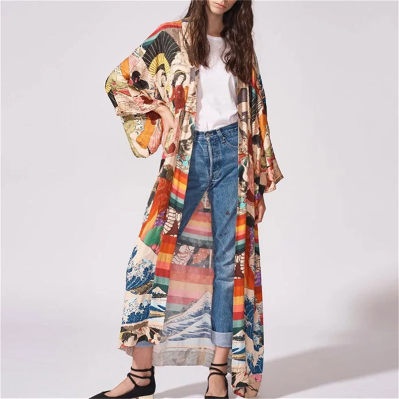 2023 Summer Women Fashion Print Long Sleeve Cardigan Female Blouse Loose Casual Cover Up Shirts Beach Kimono Blusas