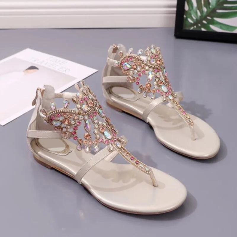 

Moraima Snc New Bohemia Style Crystal Shoes Sandwich Toe Woman Summer Bling Colorful Luxury Sandals Low Heels Beach Shoe