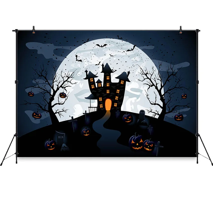 

Photography Backdrop Halloween Night Moon Ghost Bats Pumpkin Lantern Grave Party Black Silhouette Background Photocall