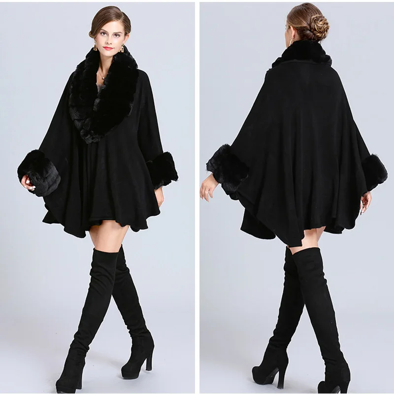 Mode Weit Welle Revers Faux Kaninchen Pelz Cape-Mantel Frauen Winter Lose Stricken Mantel Strickjacke Weichen Poncho Wraps Mantel Neue