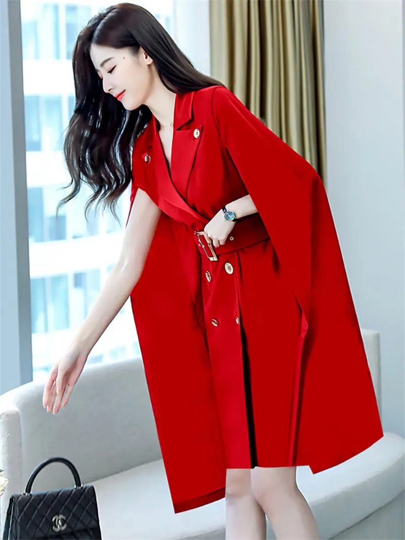 2023 New Fashion Shawl Cloak Dress Women Clothing Spring Autumn Korean Waist Double-breasted Black Blazer Dresses e149