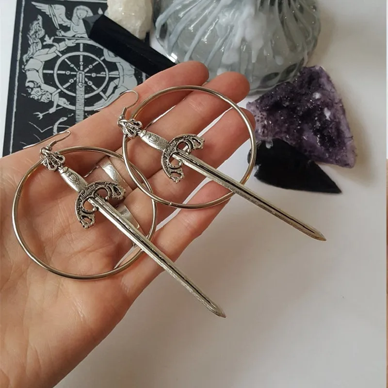 New Goth Swords Hoop Earrings Crystal Alternative Minimal Romantic Statement Jewelry Witchy Gift Goth Stones Women Gift Trend